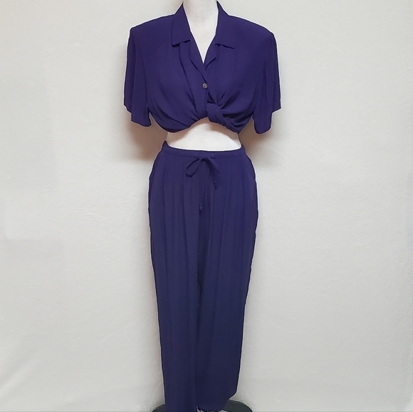 VINTAGE 90s Eggplant Purple Crinkle Material Two-Piece Jumpsuit Sag Harbor Med - Picture 2 of 16
